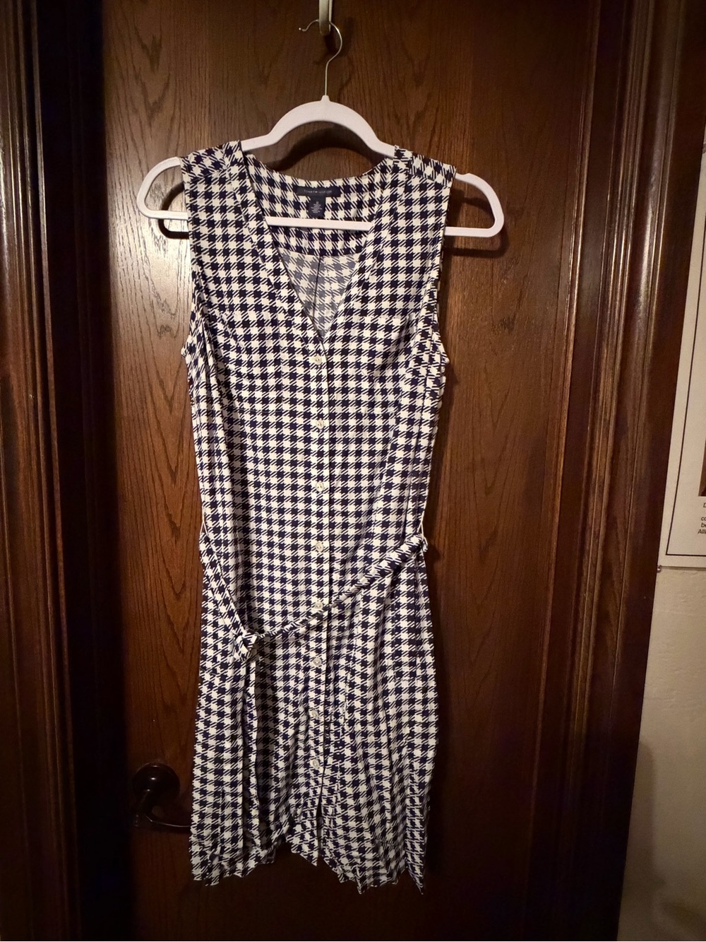 Sleeveless V-Neck Navy and White Check Dress